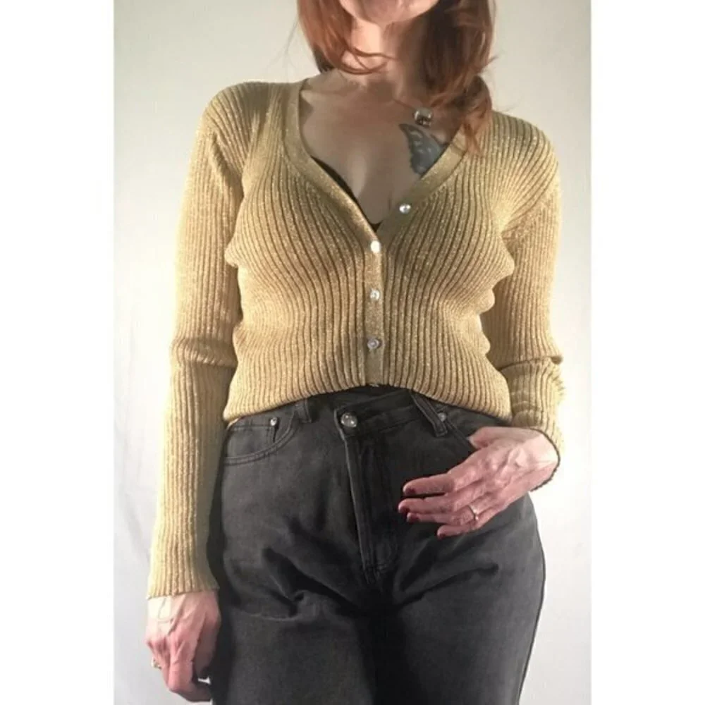 90’s Vintage ‘Joseph A.’ Metallic Gold Ribbed Cardigan